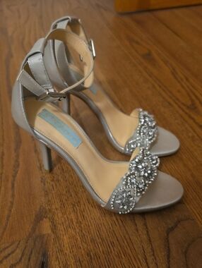 Betsey Johnson Beaded Ankle-Strap High Heel Sandals in Silver, Blue Bottom